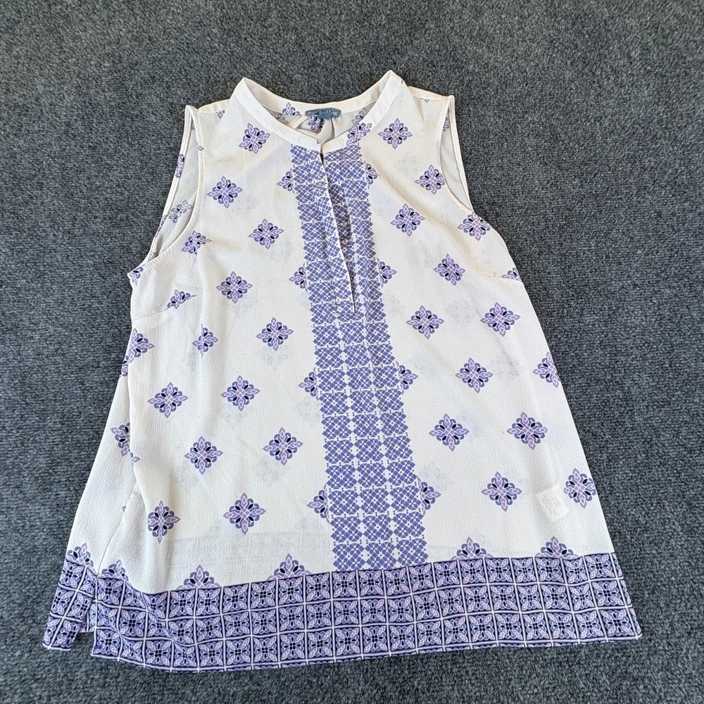Fleur Bleue Blouse Top Womens XL White Purple Geometric Print Sleeveless Casual
